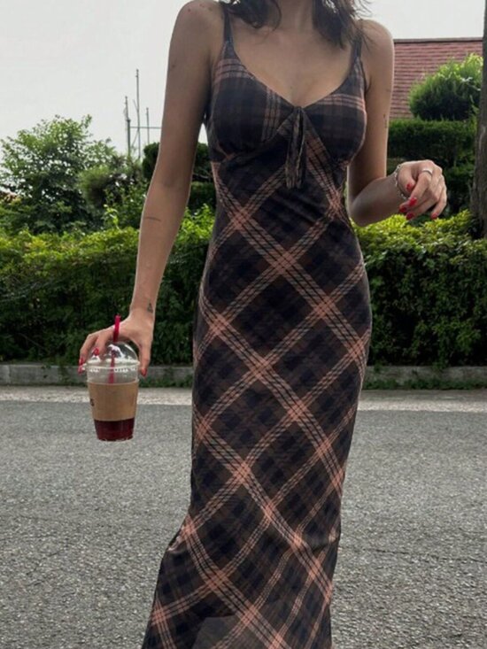 Dresses & Skirts - Brown Elegant Women's Plaid Fitted Ruched Strap Casual Vacation Dress